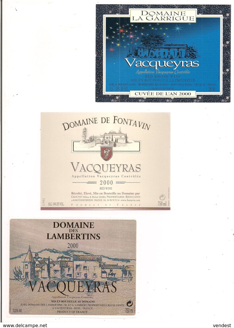 Etiquettes Vacqueyras Domaine La Garrigue Cuvée An 2000, Fontavin 2000 Et De Lambertins 2000 - Côtes Du Rhône