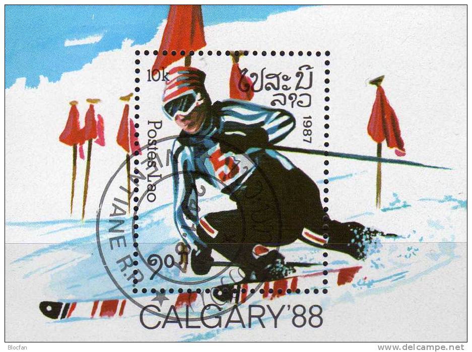 Winter-Olympiade Calgary 1988 Skislalom Laos Block 114 O 2€ Abfahrts-Läuf Ski-Piste Olympic Bloc Sport Sheet Bf Lao - Hiver 1988: Calgary