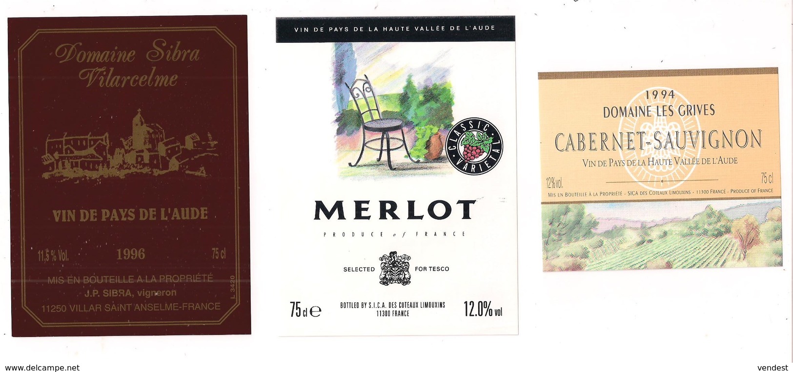 Etiquettes Vin De Pays De L'Aude Et Haute Vallée: Domaine Sibra 1996, Merlot, Cabernet Sauvignon 1994 - Languedoc-Roussillon