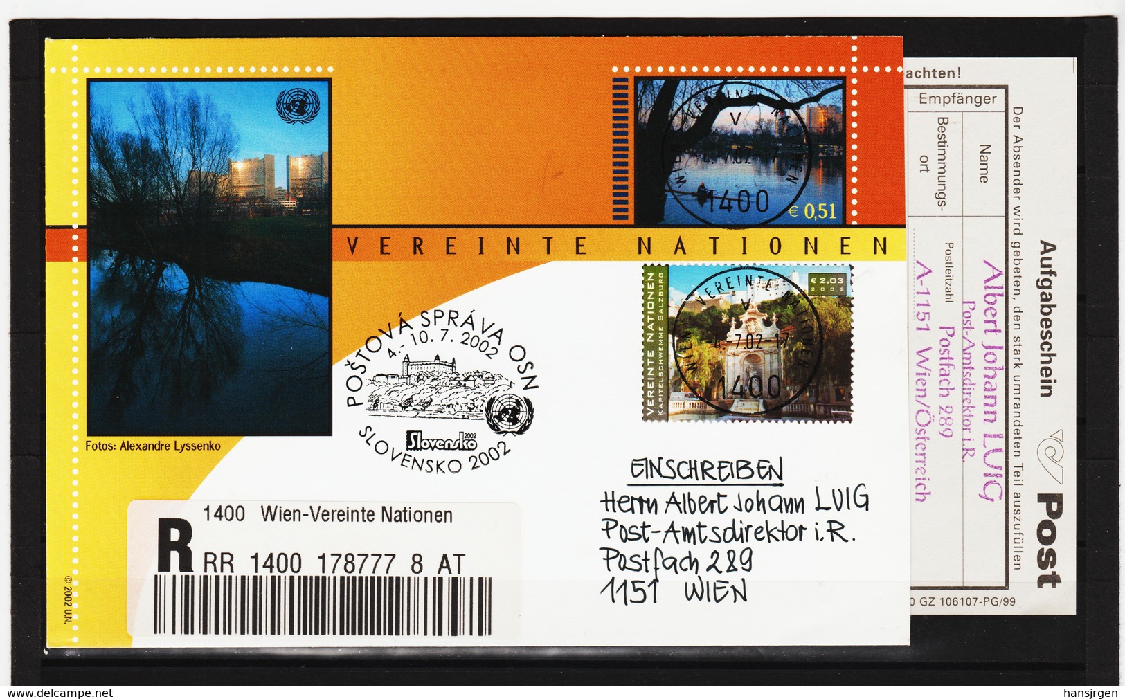 KTM161 UNO WIEN 2002 RECO-BRIEF MICHL EINDRUCKMARKE + 356 Mit AUFGABESCHEIN Siehe ABBILBUNG - Storia Postale