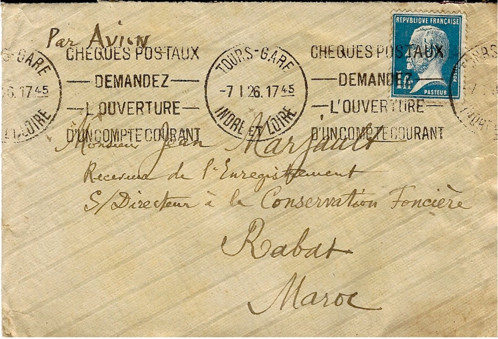 1926- Enveloppe PAR AVION De Tours ( Indre Et Loire ) Pour Rabat ( Maroc )affr. 1 F Pasteur SEUL  - Ligne Latécoère - 1921-1960: Moderne