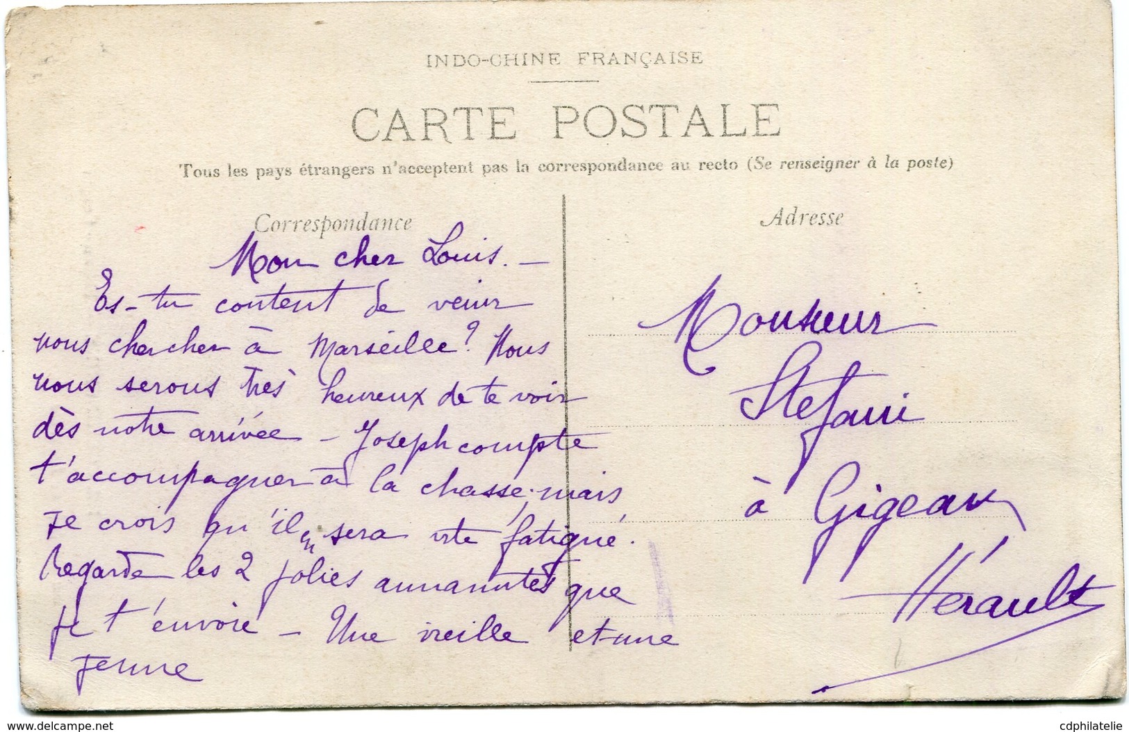 INDOCHINE CARTE POSTALE DE COCHINCHINE - SAIGON - CONGAI AYANT VOYAGEE - Lettres & Documents