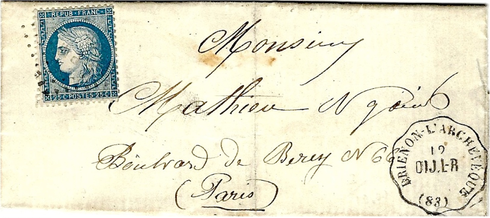 1872 - Lettre De Brienon L'Archevèque ( Yonne ) Cad Conv. Stat. DIJ.L-R Affr. N° 60 Pour Paris - 1849-1876: Classic Period