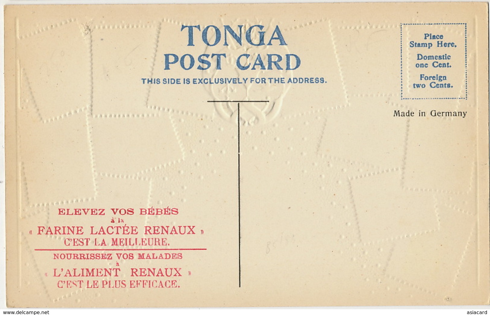 Embossed Card With Toga Stamps  Carte Philatelique Ottmar Zieher  Gaufrée Pub Farine Renaux - Tonga