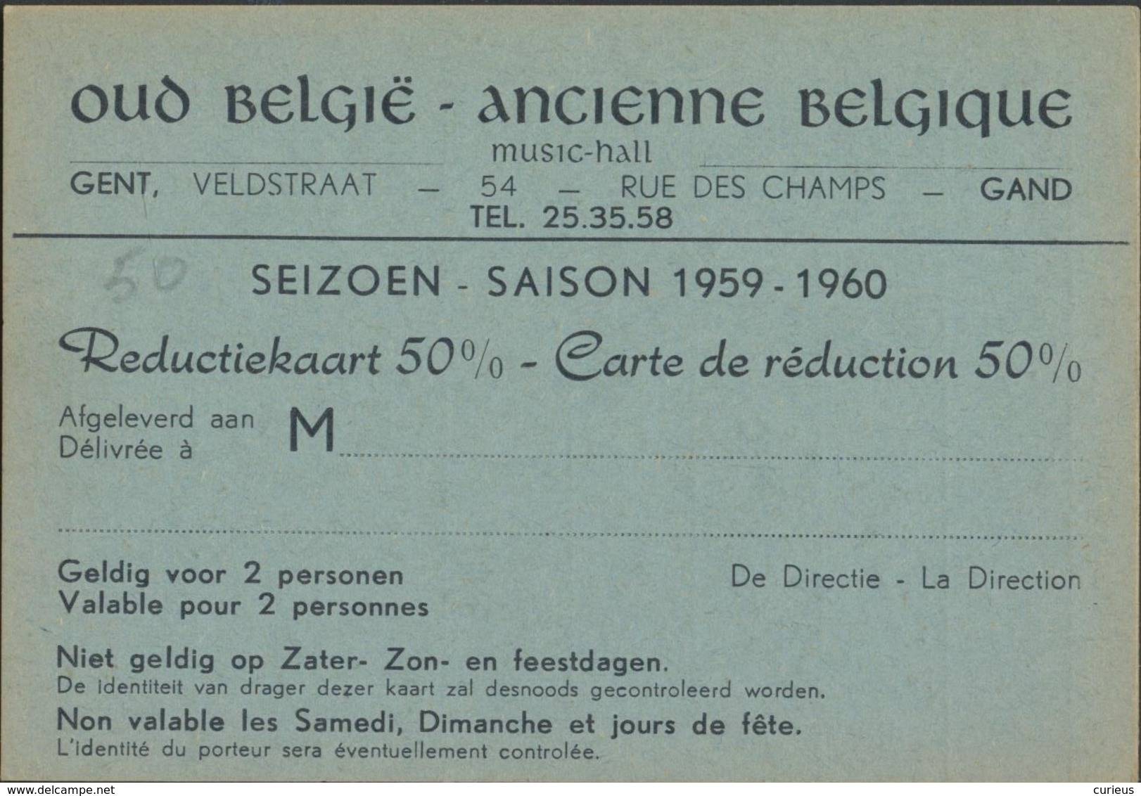 OUD BELGIE * ANCIENNE BELGIQUE * GENT * 1959-1960 * REDUCTIEKAART * 11 X 7.50 CM * 2 SCANS - Gent