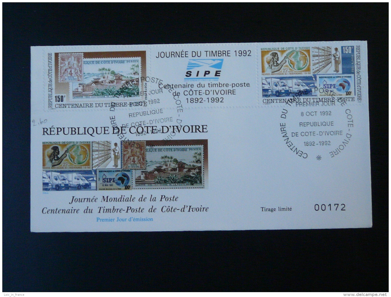 FDC Journée Mondiale De La Poste Centenaire Du Timbre Côte D'Ivoire 1992 - Côte D'Ivoire (1960-...)