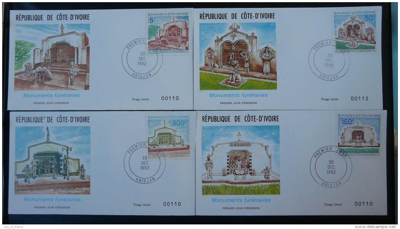 FDC (x4) Monuments Funéraires Statue De Lion Cote D'ivoire 1992 - Ivory Coast (1960-...)