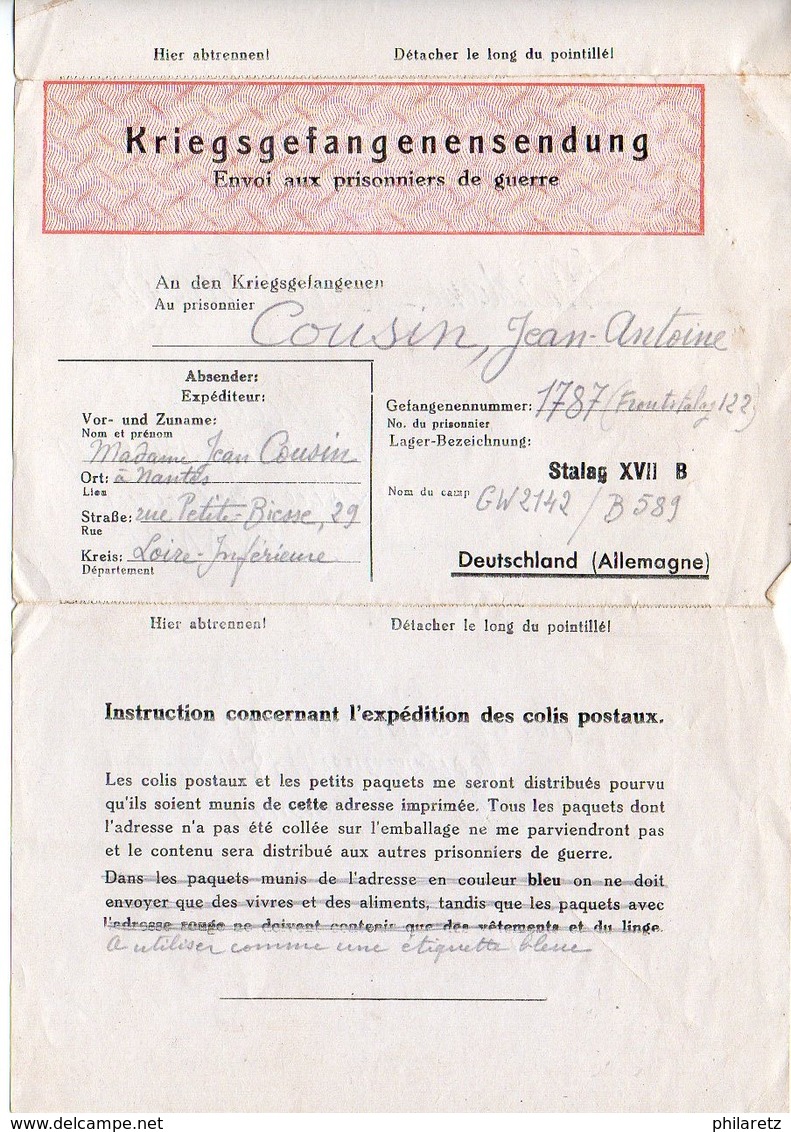 Prisonniers De Guerre : Carte-lettre Pour Envoi De Colis Du Stalag XVII B (formule Rouge) - Guerre De 1939-45