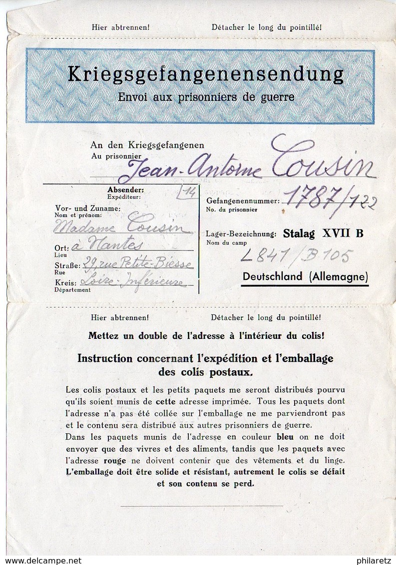 Prisonniers De Guerre : Carte-lettre Pour Envoi De Colis Du Stalag XVII B (formule Bleue) - Guerre De 1939-45