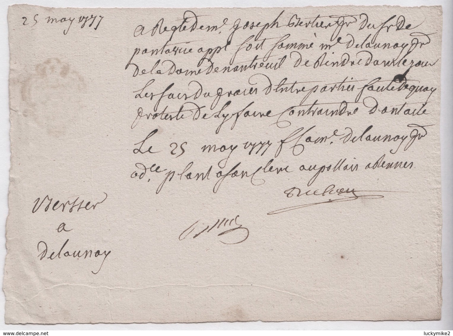 Small 25 May 1777 Signed French Document, Stamped On The Back.  Can Anyone Help?   Ref 0539 - Other & Unclassified