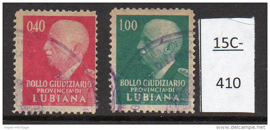 Italian Occ Of Slovenia /Italia Provincia Di Lubiana WWII Set/2 USED Marca Da Bollo Judicial Tax - Law - 20c 1L (2) - Slovenia