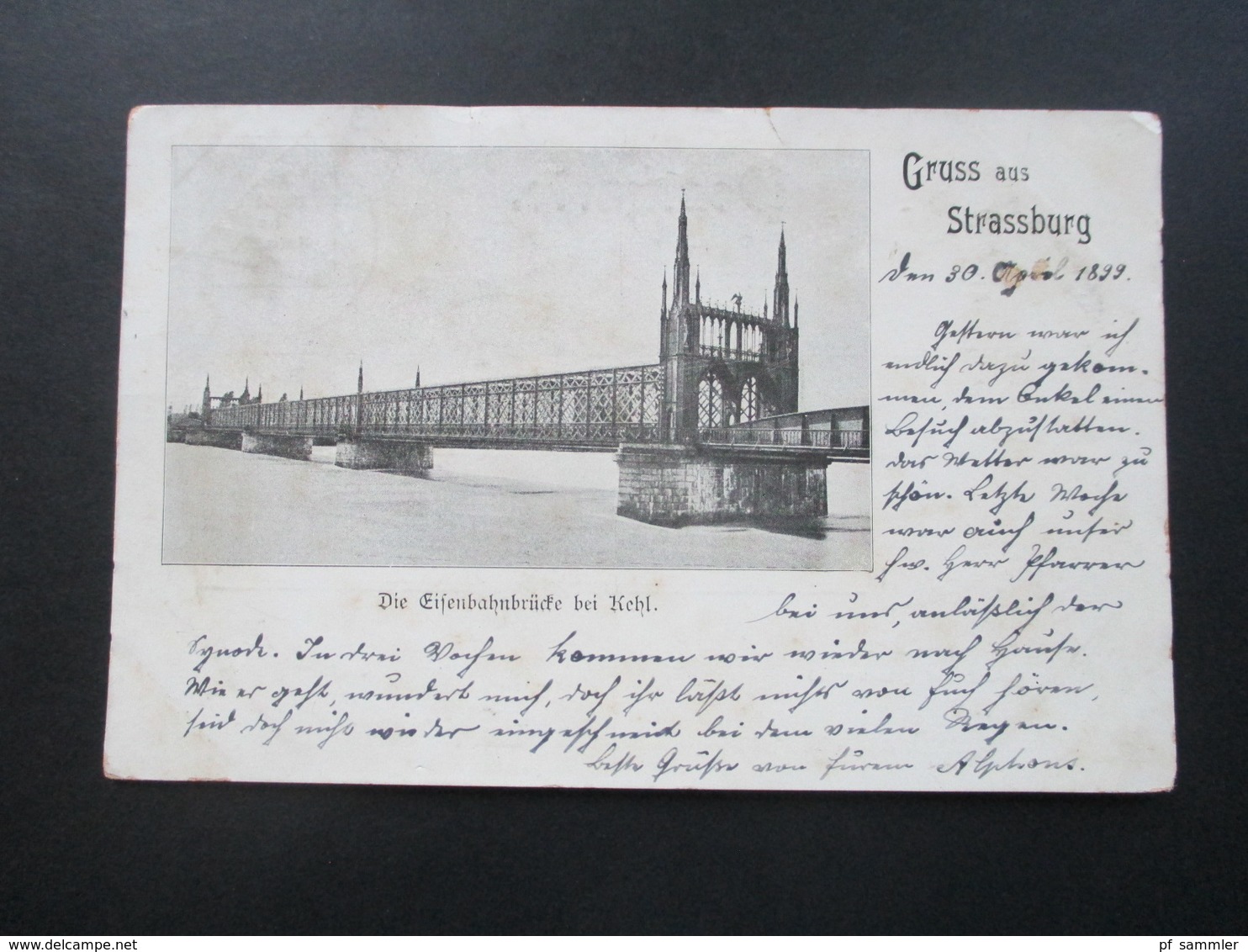 AK DR / Frankreich 1899 Elsass Gruss Aus Strassburg. Die Eisenbahnbrücke Bei Kehl. Nach Hilsenheim Mit AK Stempel - Elsass