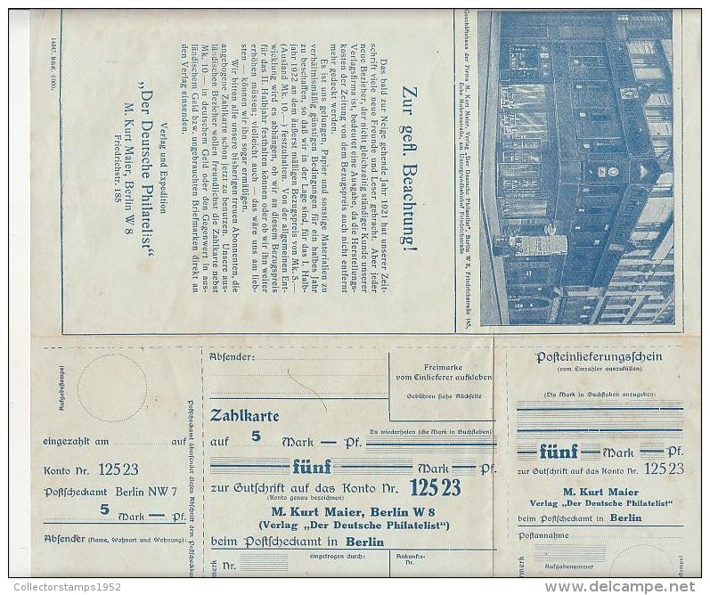 6509FM- MONEY ORDER FORM, BERLIN STORE, GERMAN PHILATELISTS, 1921, GERMANY- EMPIRE - 1900 – 1949
