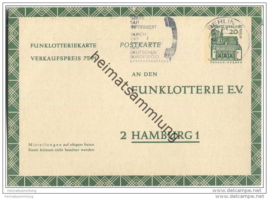 FP 8 - Funklotterie-Postkarte Berlin - Bedarfsgebraucht - Wertstempel 20 Pfg Lorsch / Hessen - Gelaufen Im April 1969 - Postcards - Used