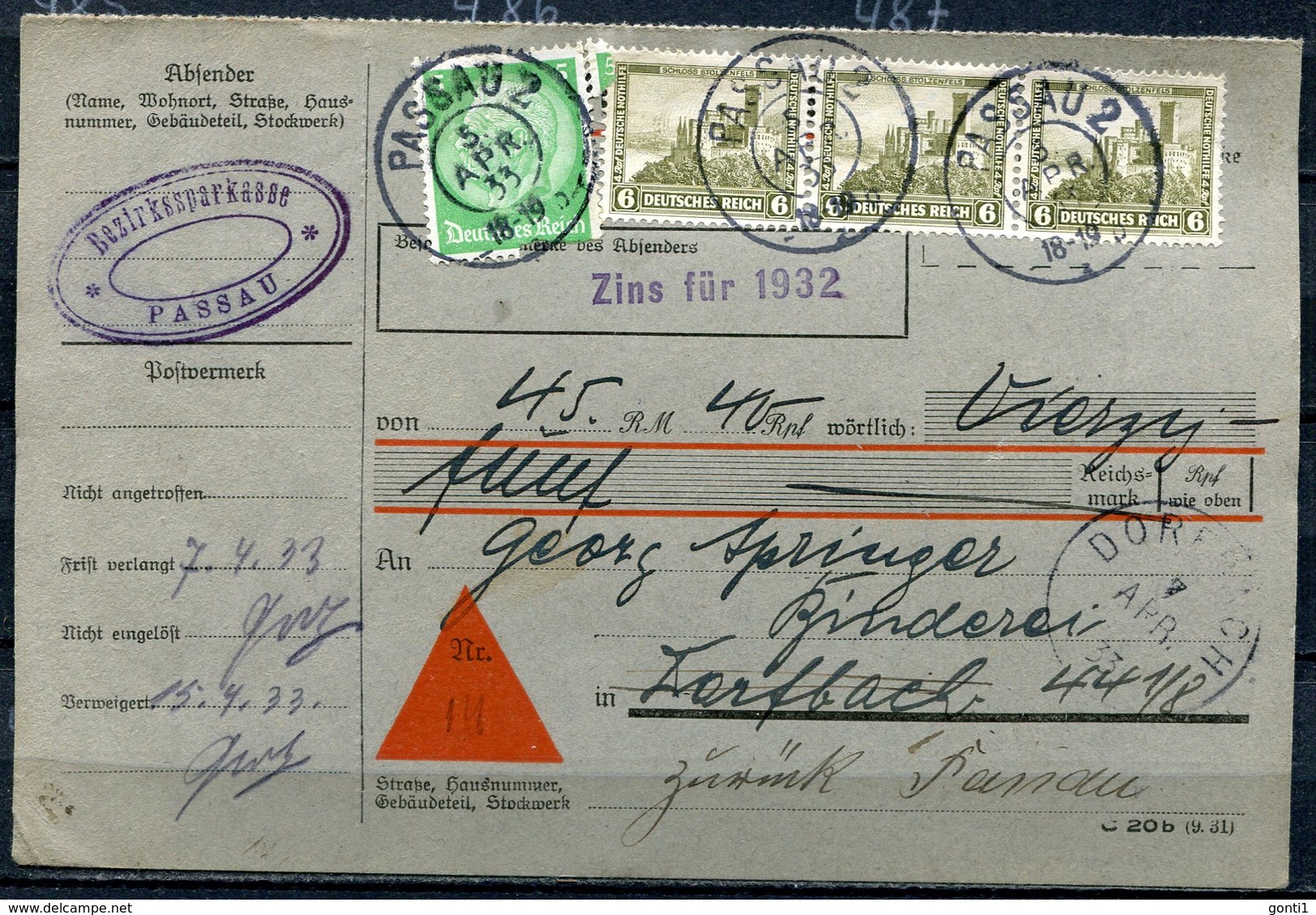 German Empires,DR 1933 Nachnahmekarte Mit Mi.Nr.475 MIF Und TST"Passau 2 (Innendienst)und Ankunftsstempel" 1 Karte Used. - Briefe U. Dokumente