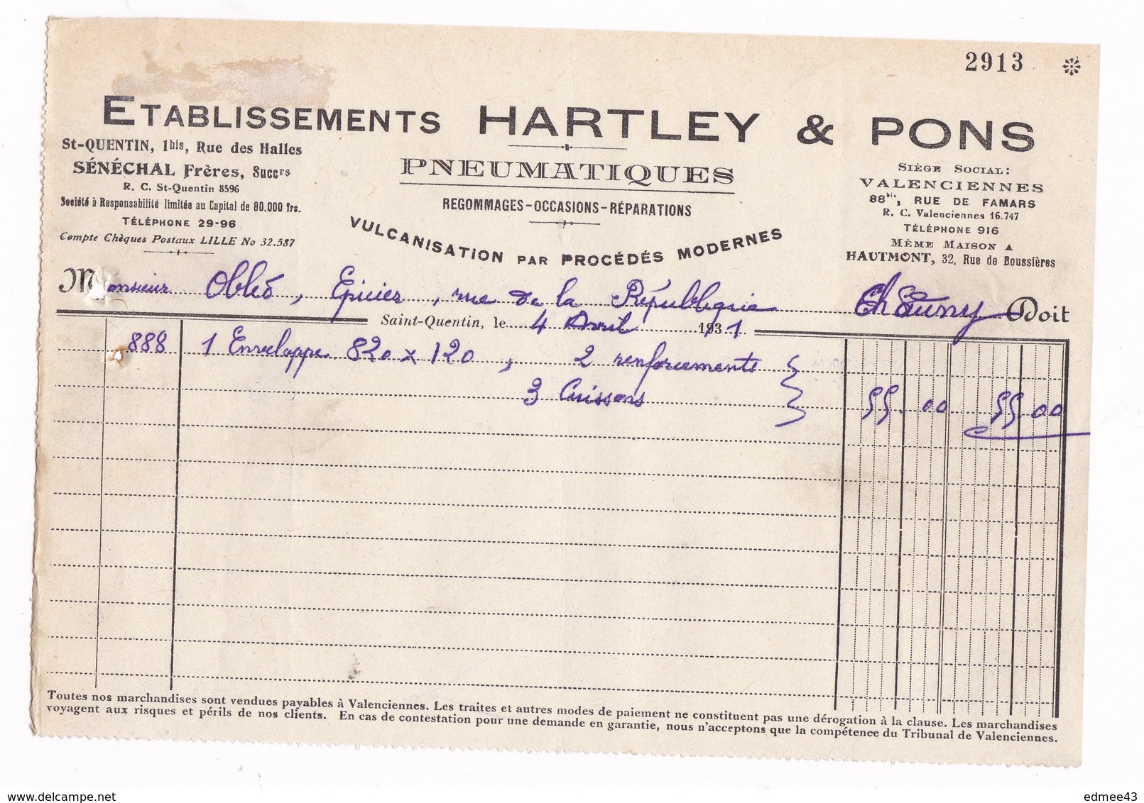 Petite Facture Ets Hartley & Pons, Pneumatiques, Saint-Quentin, Valenciennes, Hautmont, 1931 - Automobile