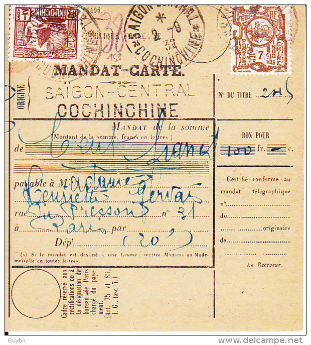 < Mandat Carte Saigon Central Cochinchine Départ  2 9 1932 .. Cent Francs Arrivée Paris 3 10 1932 - Covers & Documents