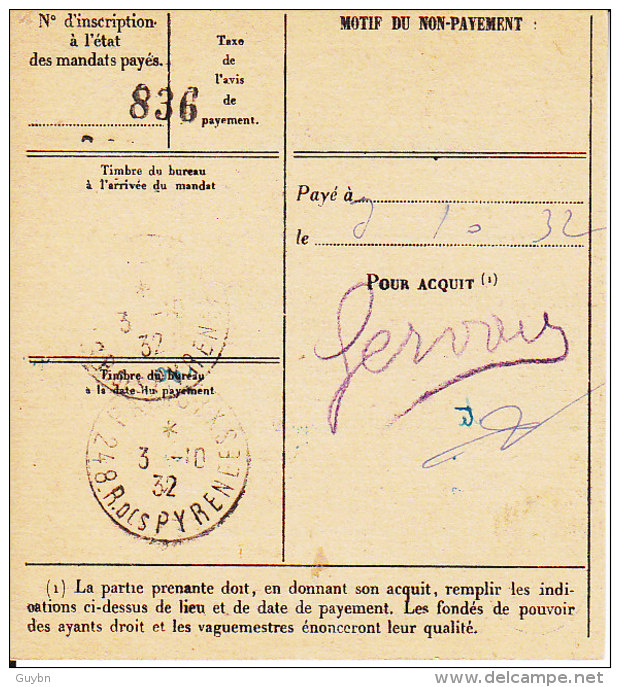 < Mandat Carte Saigon Central Cochinchine Départ  2 9 1932 .. Cent Francs Arrivée Paris 3 10 1932 - Lettres & Documents
