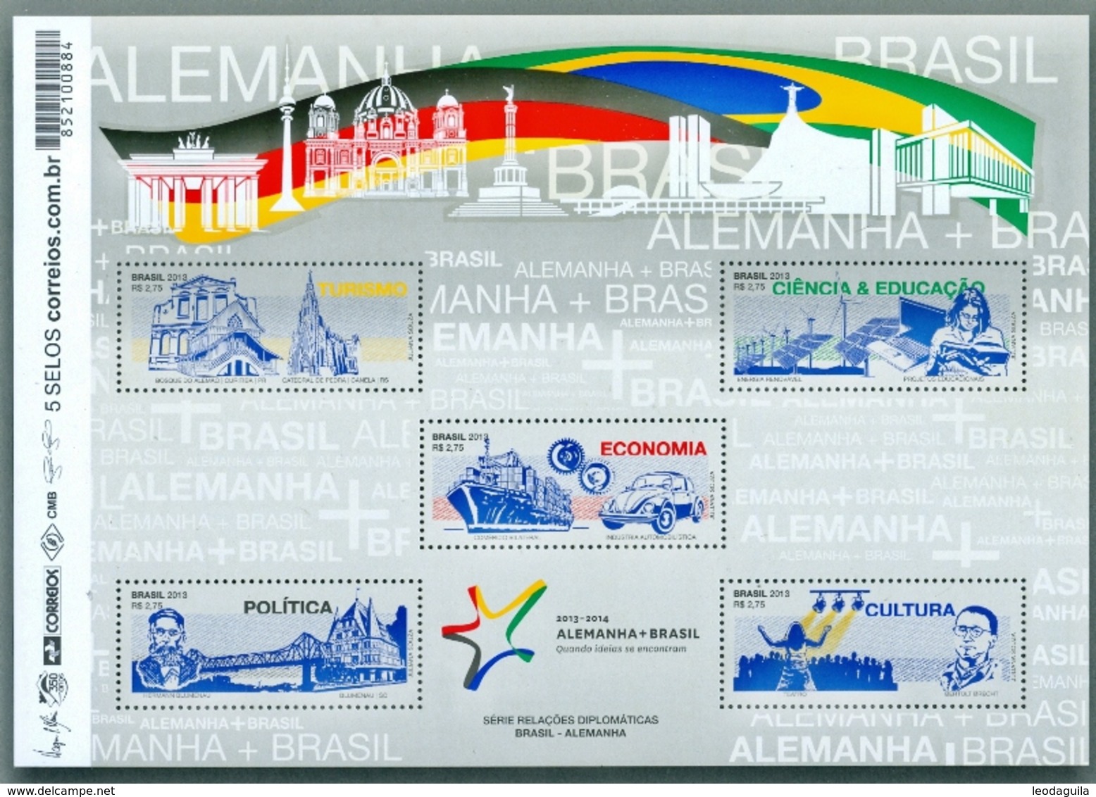 BRAZIL 2013 -  BRASIL AND GERMANY  DIPLOMATIC TIES  -  S/S With 5 Stamps - Unused Stamps