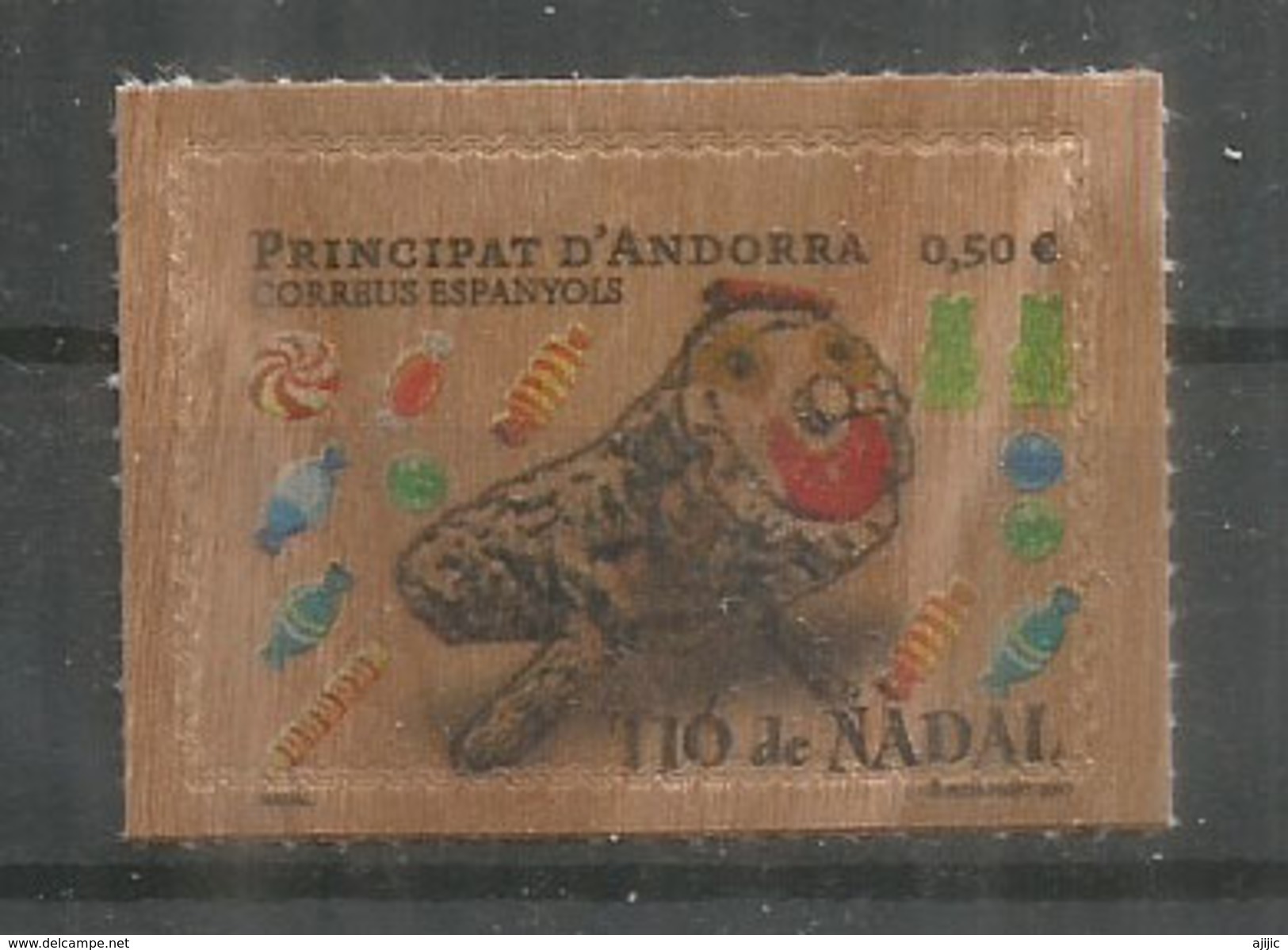 ANDORRA. Timbre En Bois.Tio De Nadal, (gateau Bûche De Noël)  Neuf  ** Année 2017 (Wood Paper Stamp) - Unused Stamps