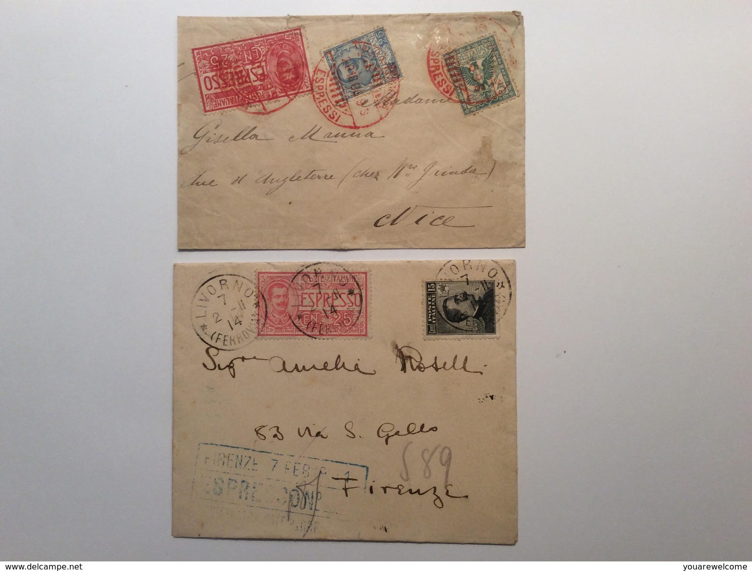 Regno D‘ Italia ESPRESSO ROMA 1906 Red Postmark > France + LIVORNO Blue Pmk (lettera Cover Express - Exprespost