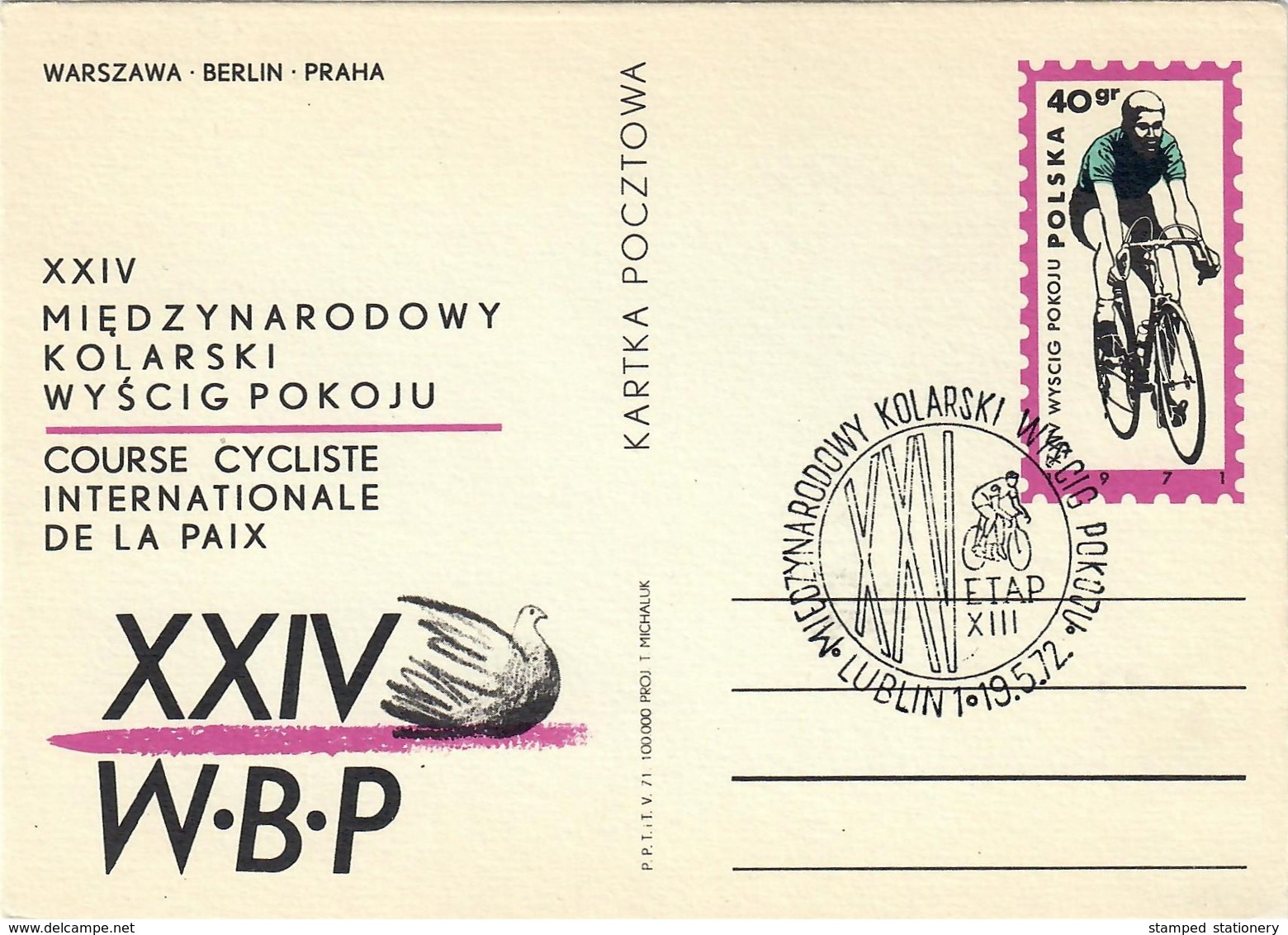 I.P. POLAND 1971 XXIV INTERNATIONAL CYCLING RACE FOR THE PEACE WARSZAWA/BERLIN/PRAHA CANCELLATION 19.5.1972 ETAP XIII - Wielrennen