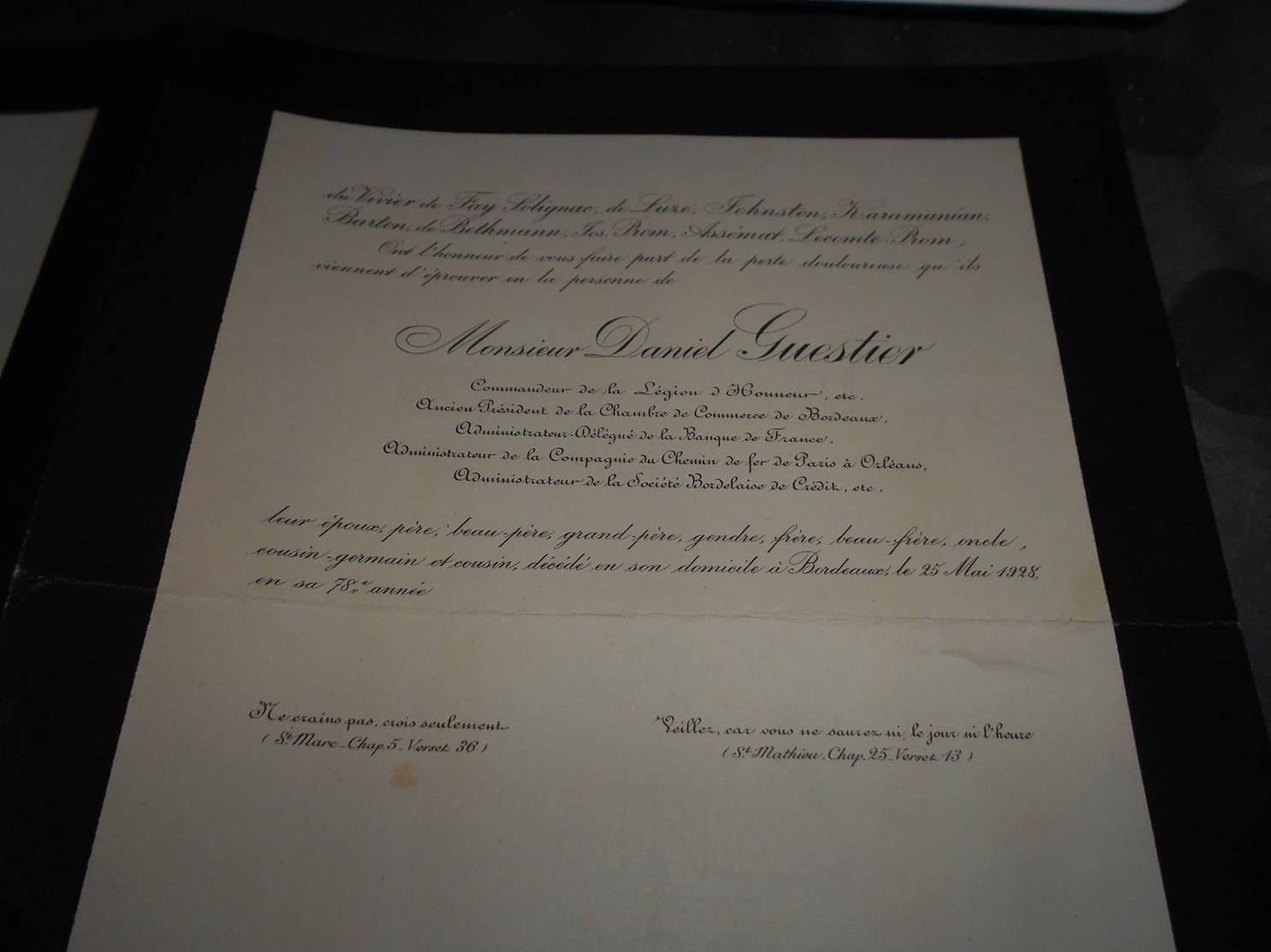 146 - Faire-Part De Décès ,Monsieur Daniel GUESTIER , Le 25 Mai 1928 à Bordeaux - Décès