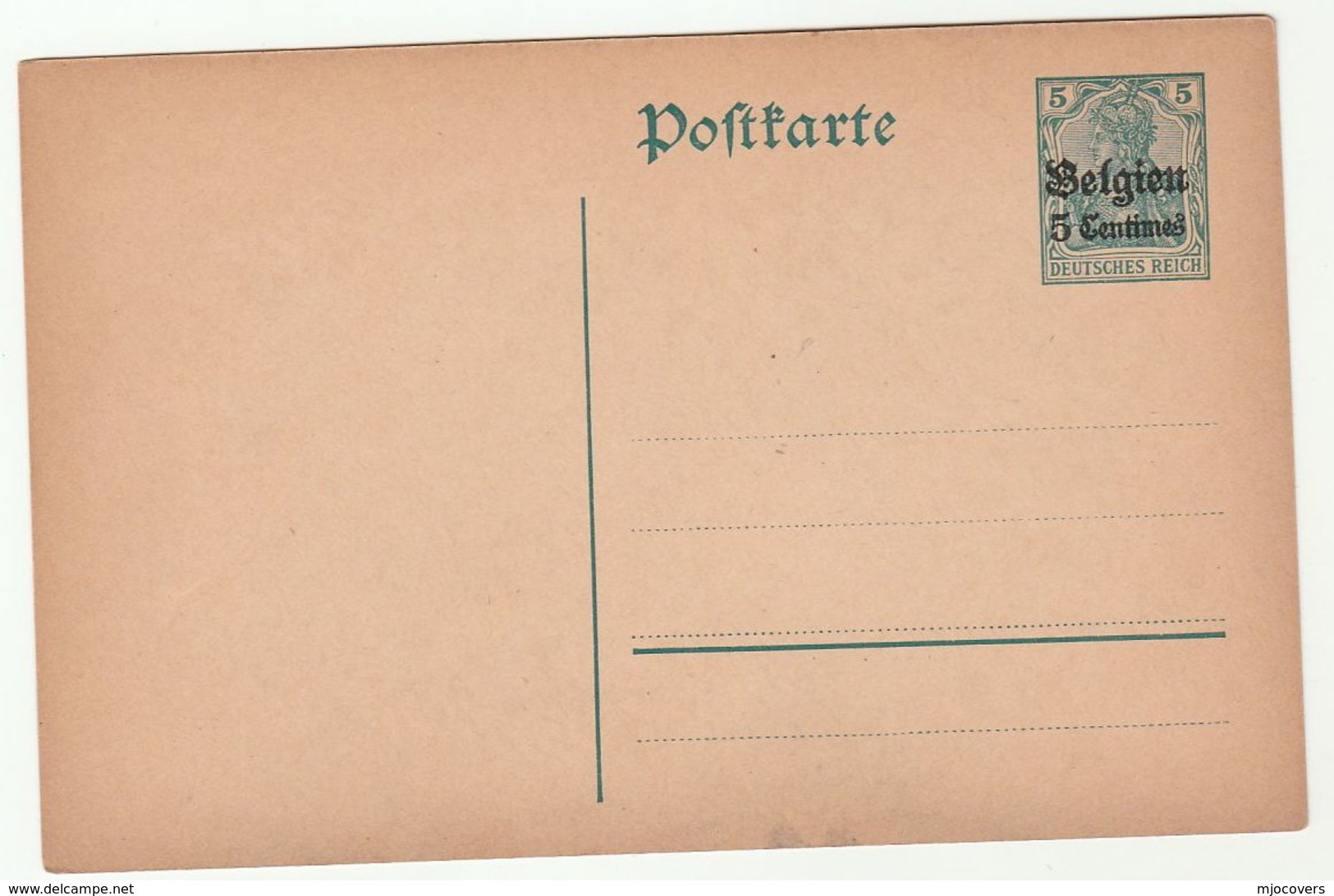 WWI BELGIUM OCCUPATION  GERMANY 5c Ovpt 5pf Postal STATIONERY CARD Stamps Cover - OC1/25 Generaal Gouvernement
