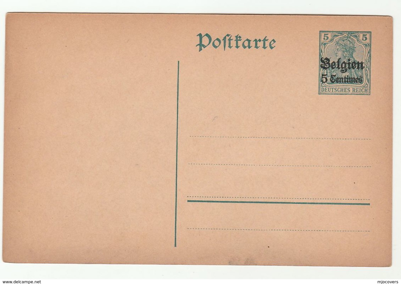 WWI BELGIUM OCCUPATION  GERMANY 5c Ovpt 5pf Postal STATIONERY CARD Stamps Cover - OC1/25 General Government