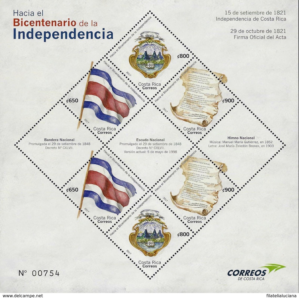 MNH SHEET COSTA RICA, 2017 Bicentenary Of The Independence - Costa Rica