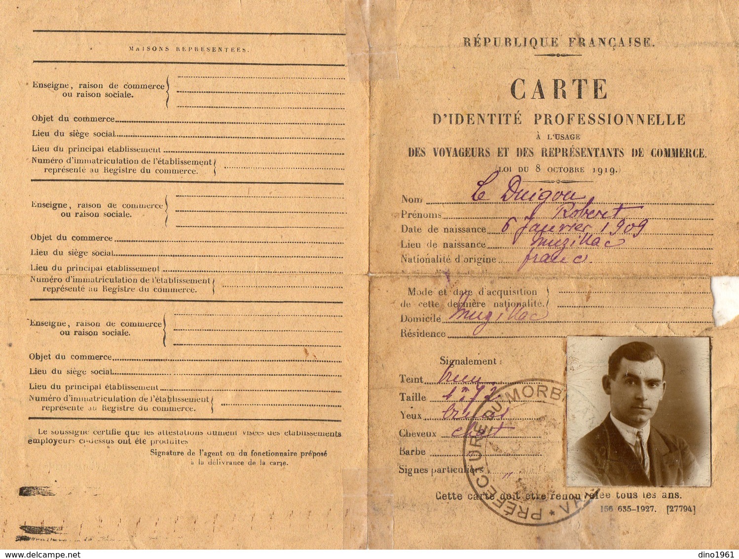 VP12.449 - VANNES 1932 - Police - Préfecture Du Morbihan - Carte D'Identité Professionnelle - Mr LE DUIGOU à MUZILLAC - Police & Gendarmerie