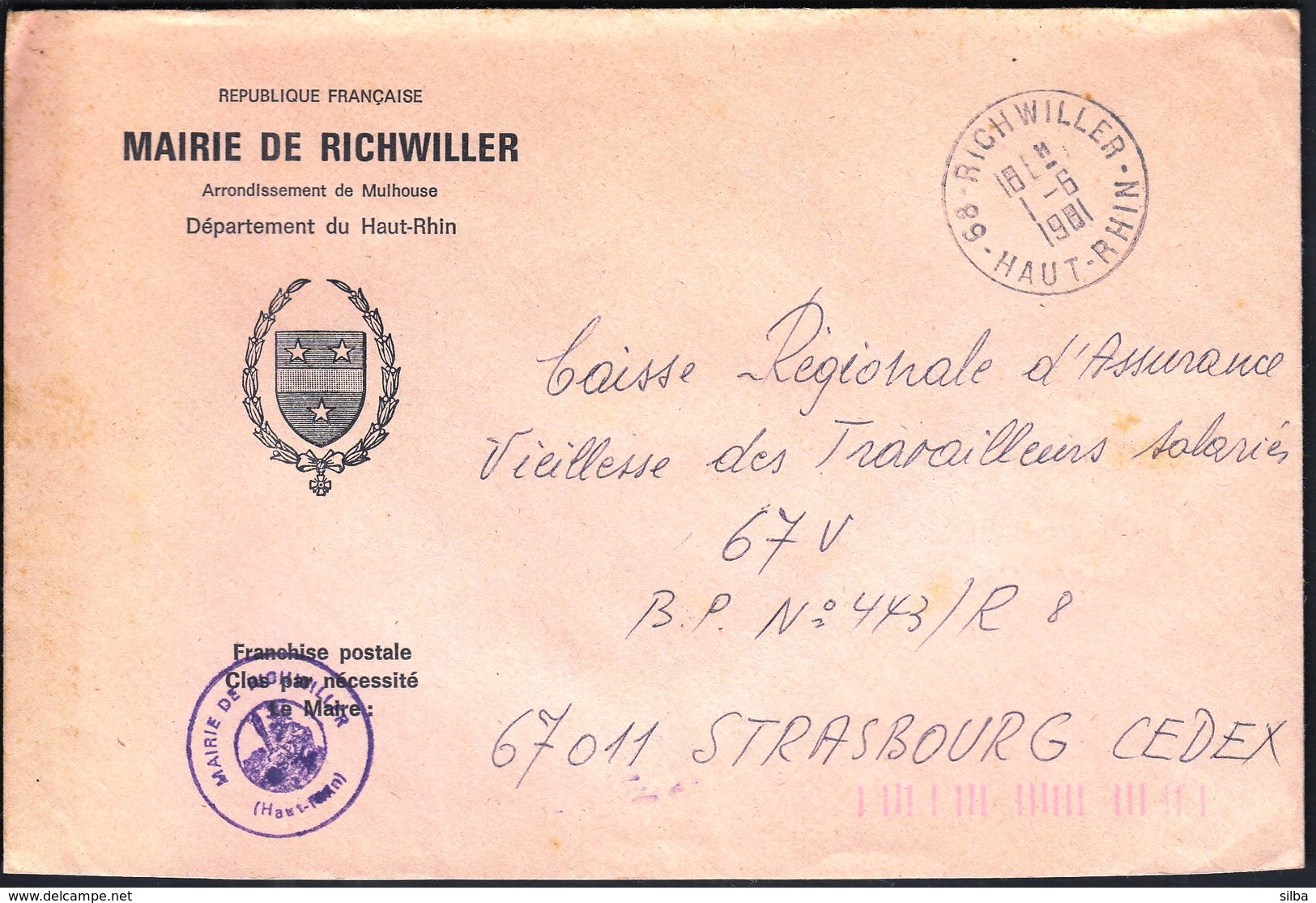 France Richwiller 1981 / Mairie De Richwiller / Coat Of Arms - 1961-....