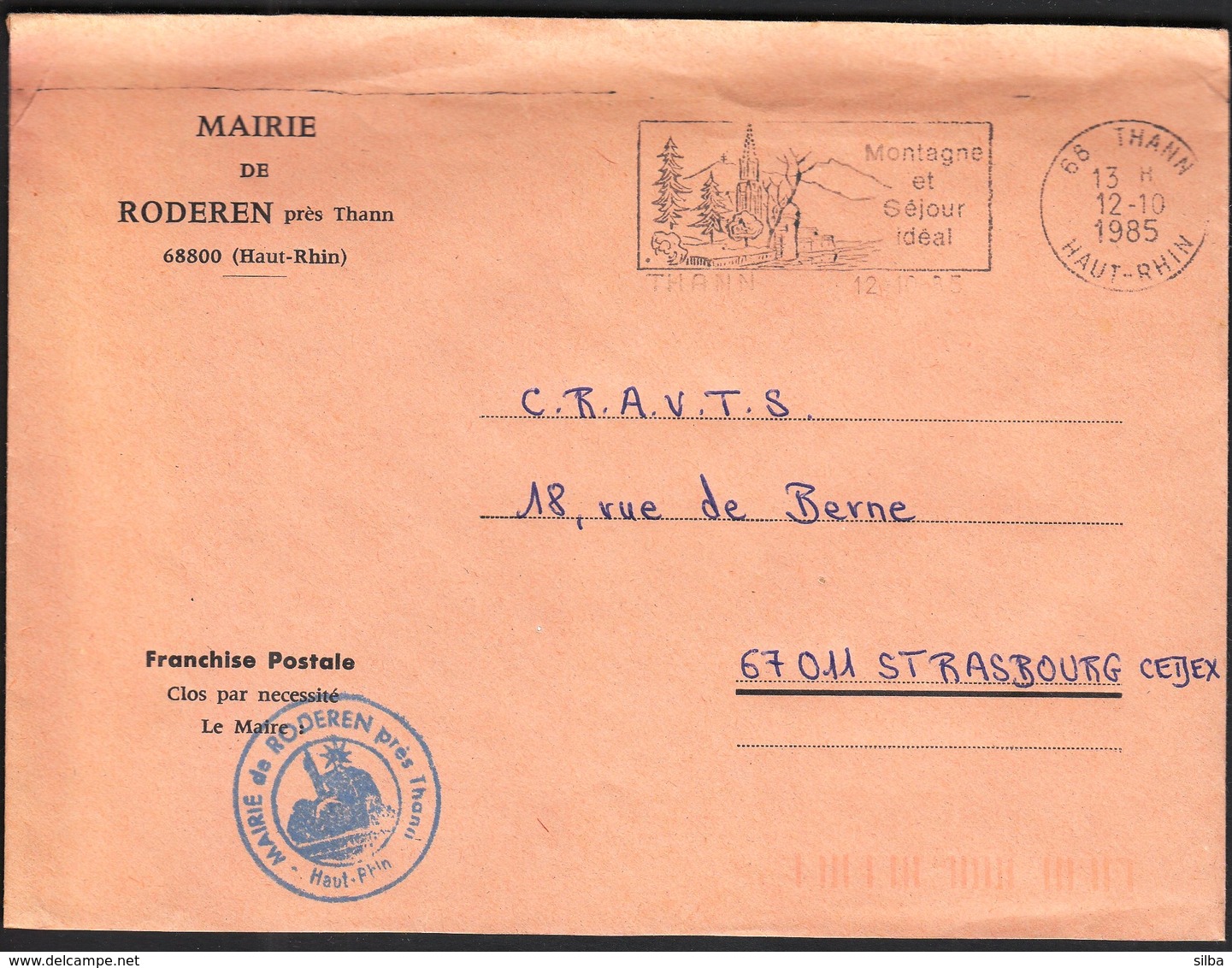 France Thann 1985 / Mairie De Roderen / Mountain And Perfect Stay / Church / Machine Stamp / EMA - 1961-....