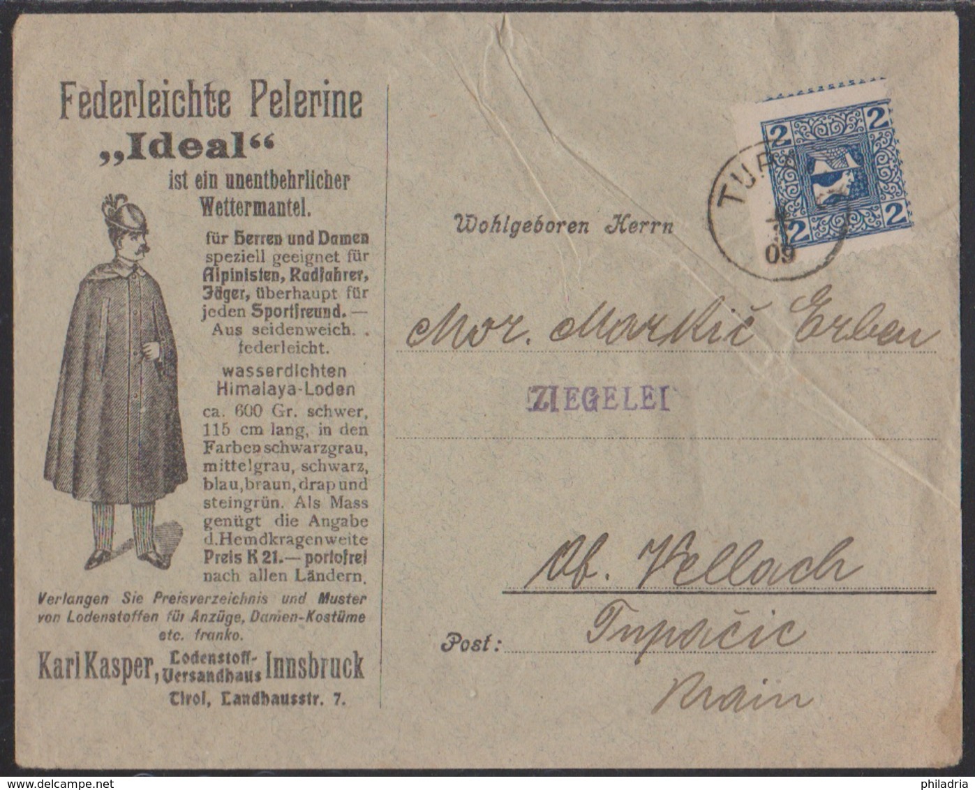 Tupaliče, Arrival Cancellation On Ilustarted Comercial Envelope From Innsbruck, 1909, Slightly Creased - Covers & Documents