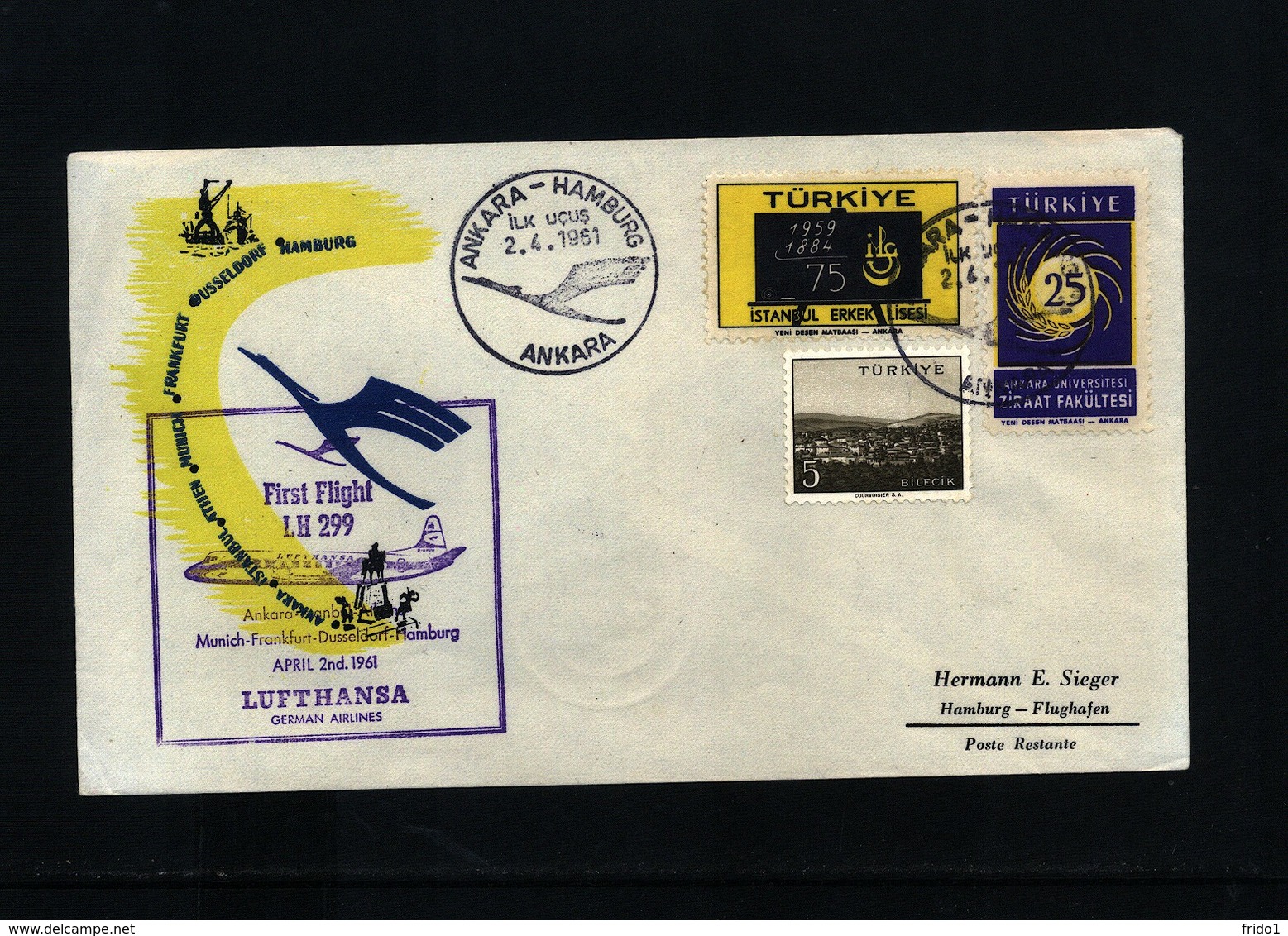 Turkey 1961 Lufthansa First Flight Ankara - Hamburg - Posta Aerea