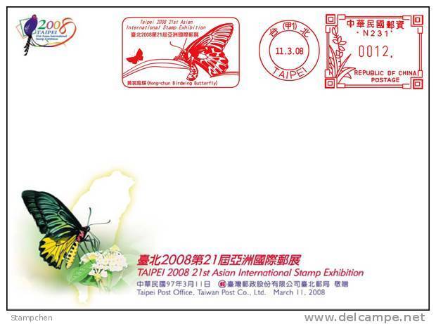 FDC 2008 Taiwan Butterfly Meter Stamp Map (5-5 Of TAIPEI 2008) Insect Fauna - Butterflies