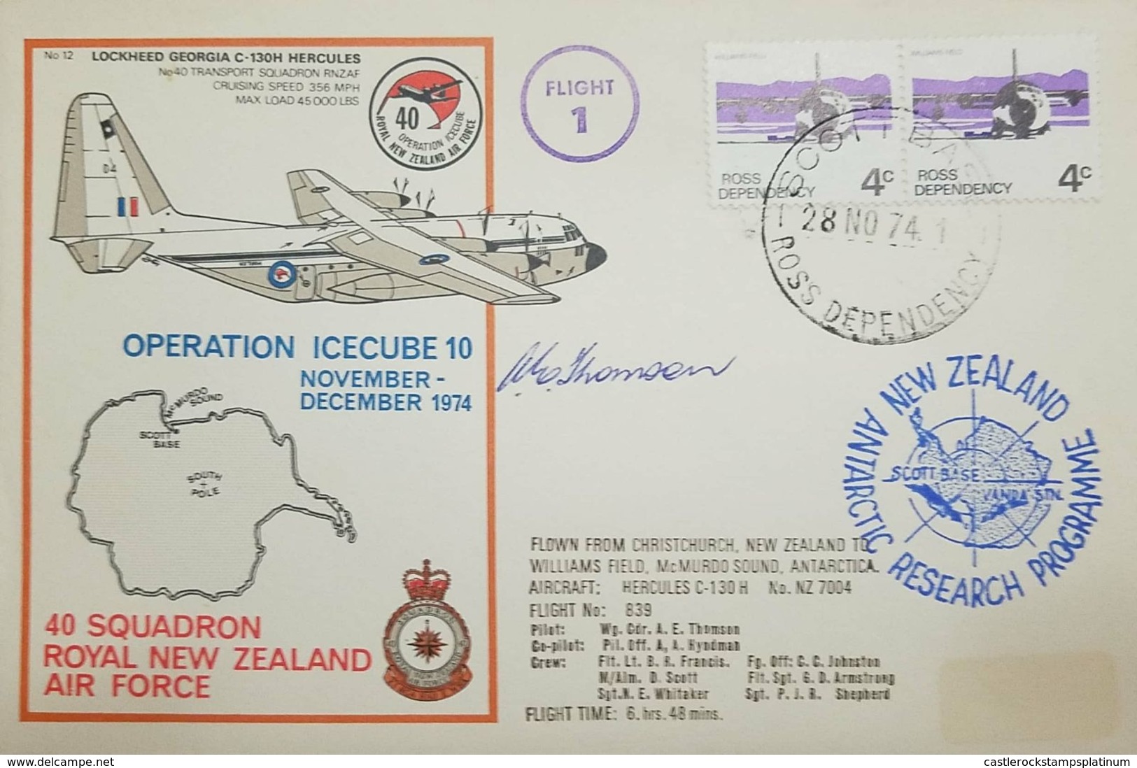 L) 1974 ROSS DEPENDENCY, WILLIAMS FIELD, 4C, AIRPLANE, FLIGHT 1, OPERTATION ICECUBE 10, AIRPLANE, MAP, ANTARCTIC RESEARC - FDC