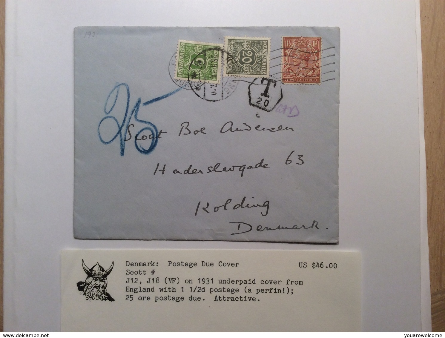 Denmark 1931 Postage Due Cover From GB FARNHAM > Kolding (lettre Brief Perfin Lösenmarken Porto Danmark - Segnatasse