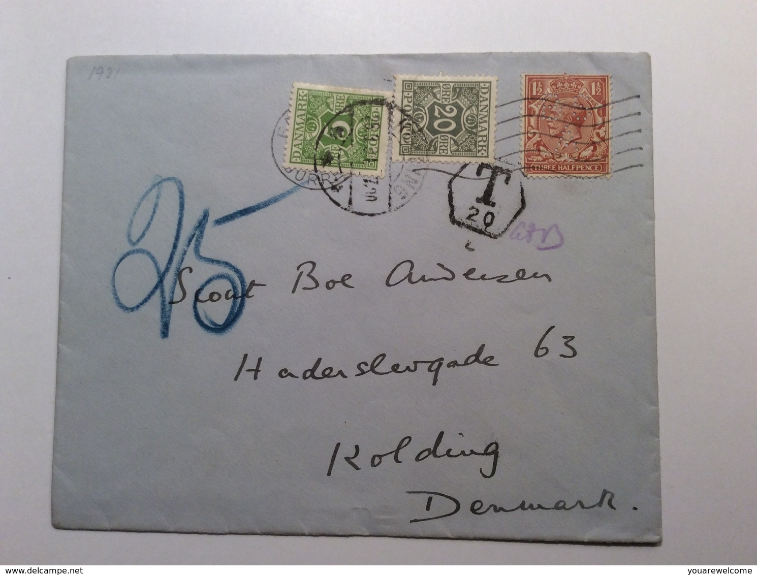 Denmark 1931 Postage Due Cover From GB FARNHAM > Kolding (lettre Brief Perfin Lösenmarken Porto Danmark - Postage Due