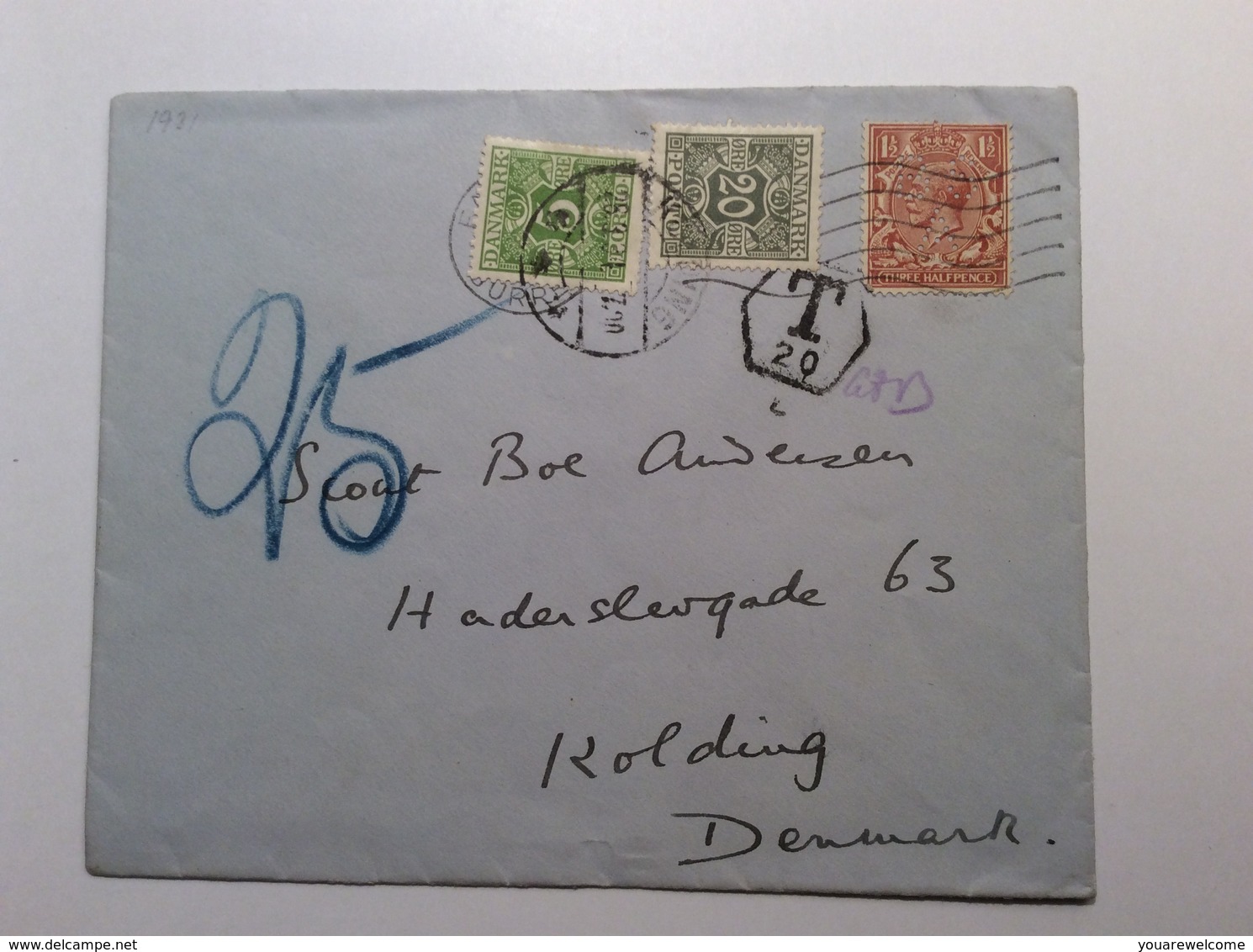 Denmark 1931 Postage Due Cover From GB FARNHAM > Kolding (lettre Brief Perfin Lösenmarken Porto Danmark - Port Dû (Taxe)