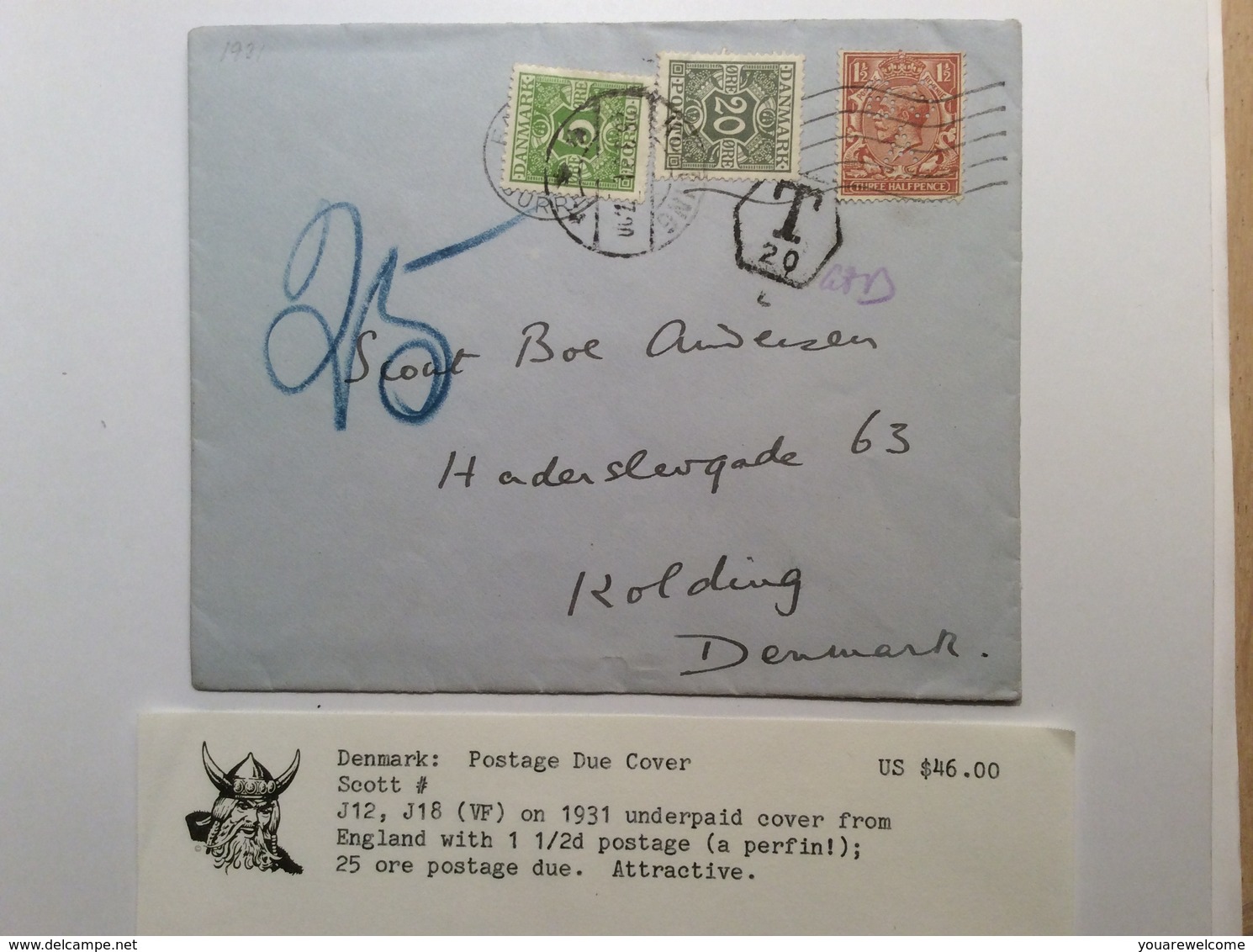 Denmark 1931 Postage Due Cover From GB FARNHAM > Kolding (lettre Brief Perfin Lösenmarken Porto Danmark - Portomarken