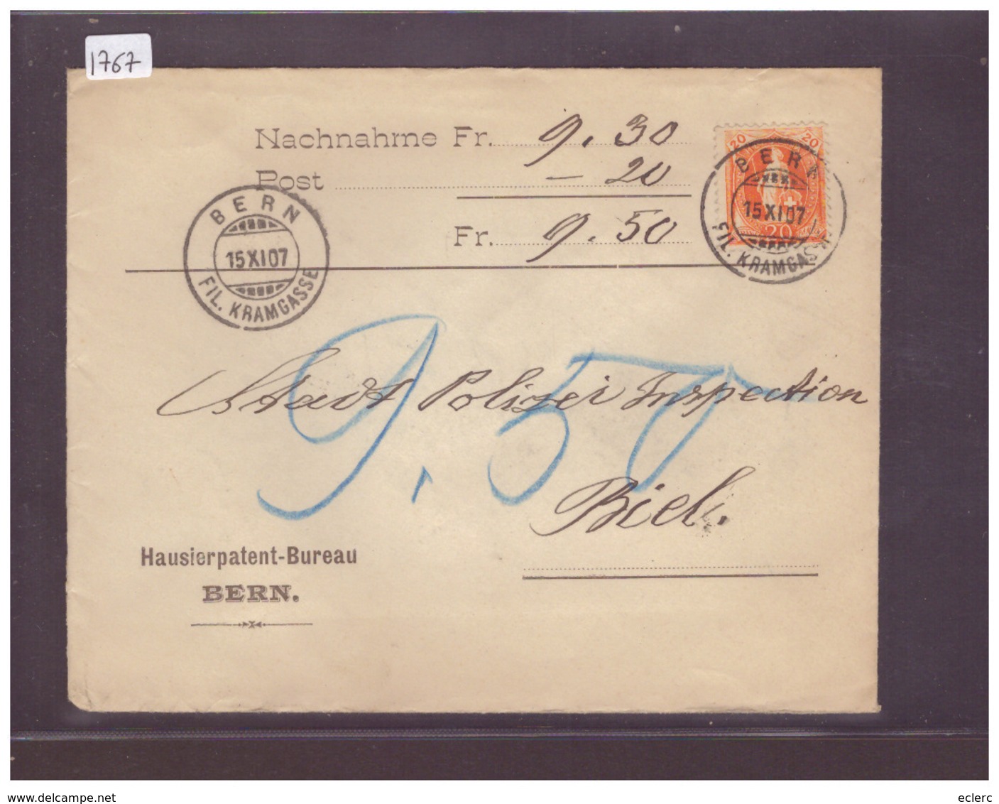 No ZUMSTEIN 86C SUR LETTRE REMBOURSEMENT - HAUSIERPATENT BUREAU BERN - COTE: 40 CHF - Storia Postale