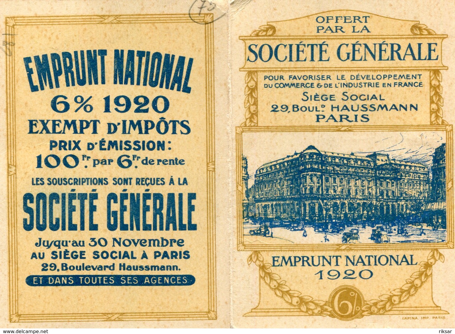 CALENDRIER 1921(SOCIETE GENERALE) EMPRUNT NATIONALE(PARIS) - Petit Format : 1921-40