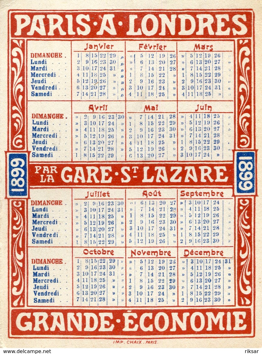 CALENDRIER 1899(PARIS A LONDRES) CHEMIN DE FER DE L OUEST - Petit Format : ...-1900