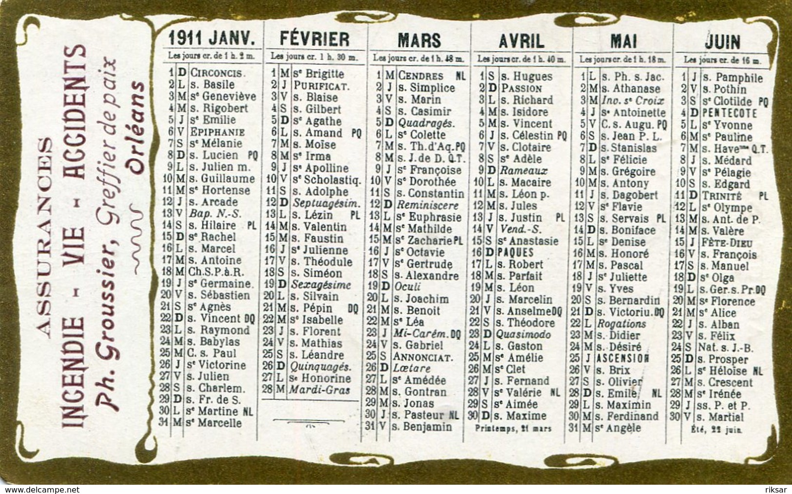 CALENDRIER 1911(ORLEANS) - Small : 1901-20