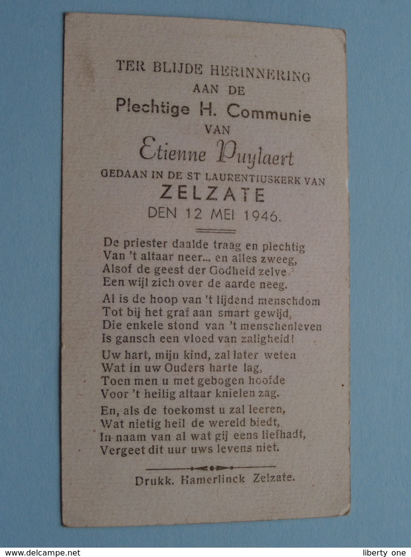 H. Communie ( Etienne PUYLAERT ) I/d Kapel St. Laurentius Te ZELZATE Op 12 Mei 1946 ( Details - Zie Foto ) ! - Communie