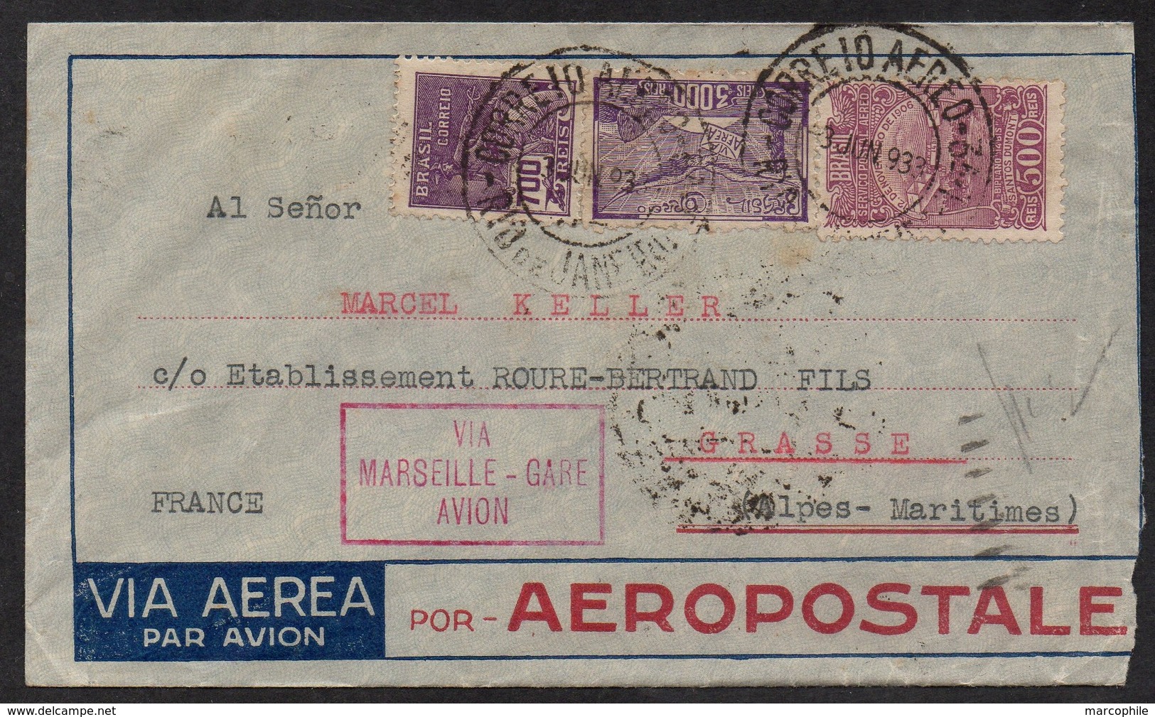 AEROPOSTALE - BRESIL - BRASIL / 1933 LETTRE POUR LA FRANCE - GRASSE - VIA MARSEILLE (ref LE2368) - Lettres & Documents