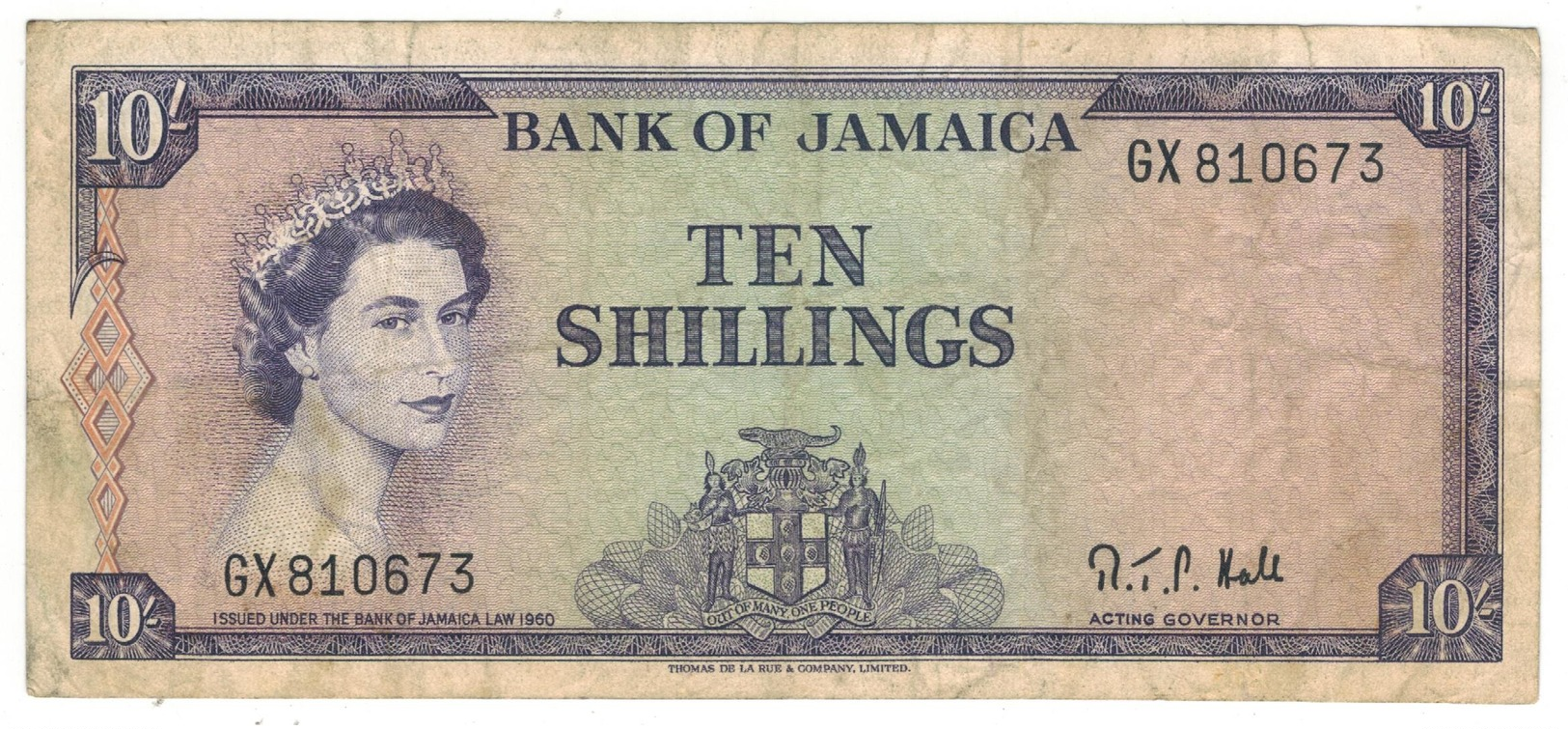 Jamaica, 10 Shillings  (1964). F+. - Jamaica