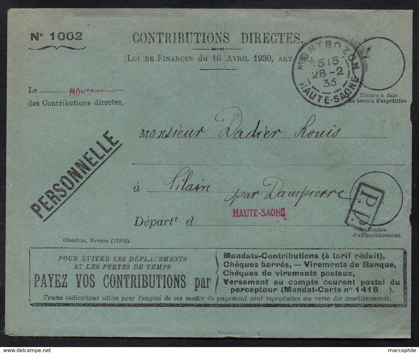 MONTBOZON - HAUTE SAONE / 1933 LETTRE EN FRANCHISE (ref LE2381) - Lettres & Documents