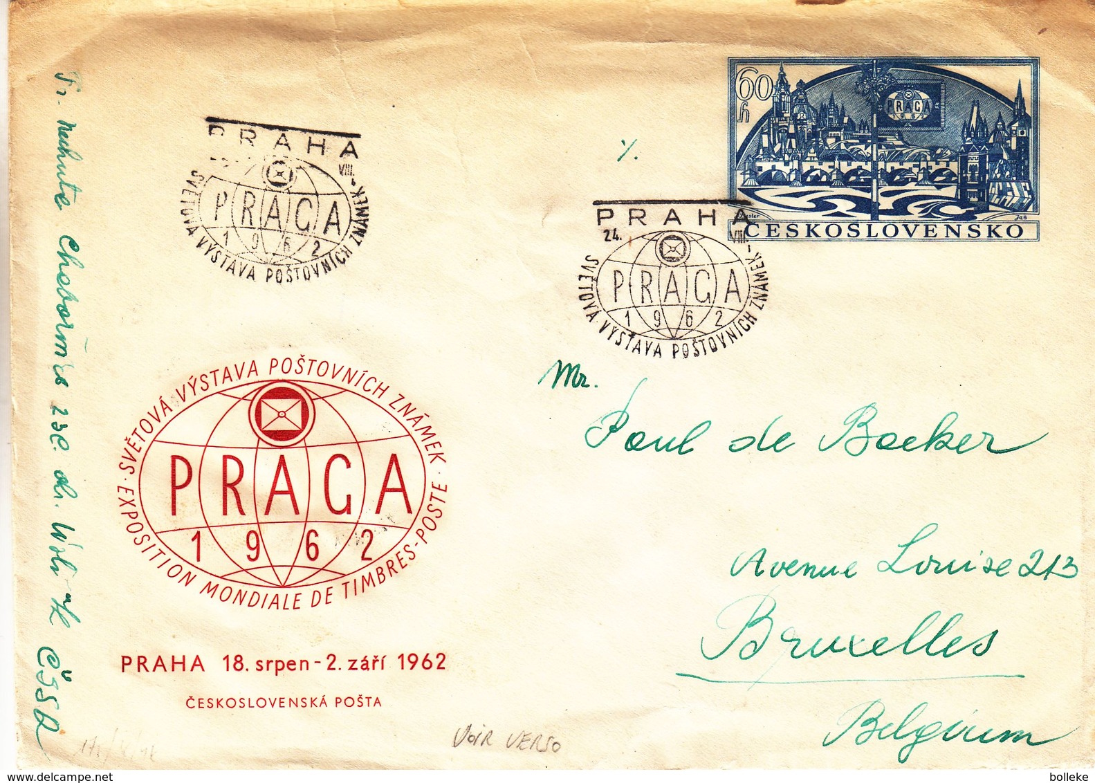 Thècoslovaquie - Lettre De 1962 ° - Entier Postaux - Oblit Praha - Exp Vers Bruxelles - Expo Philatélique - Briefe U. Dokumente